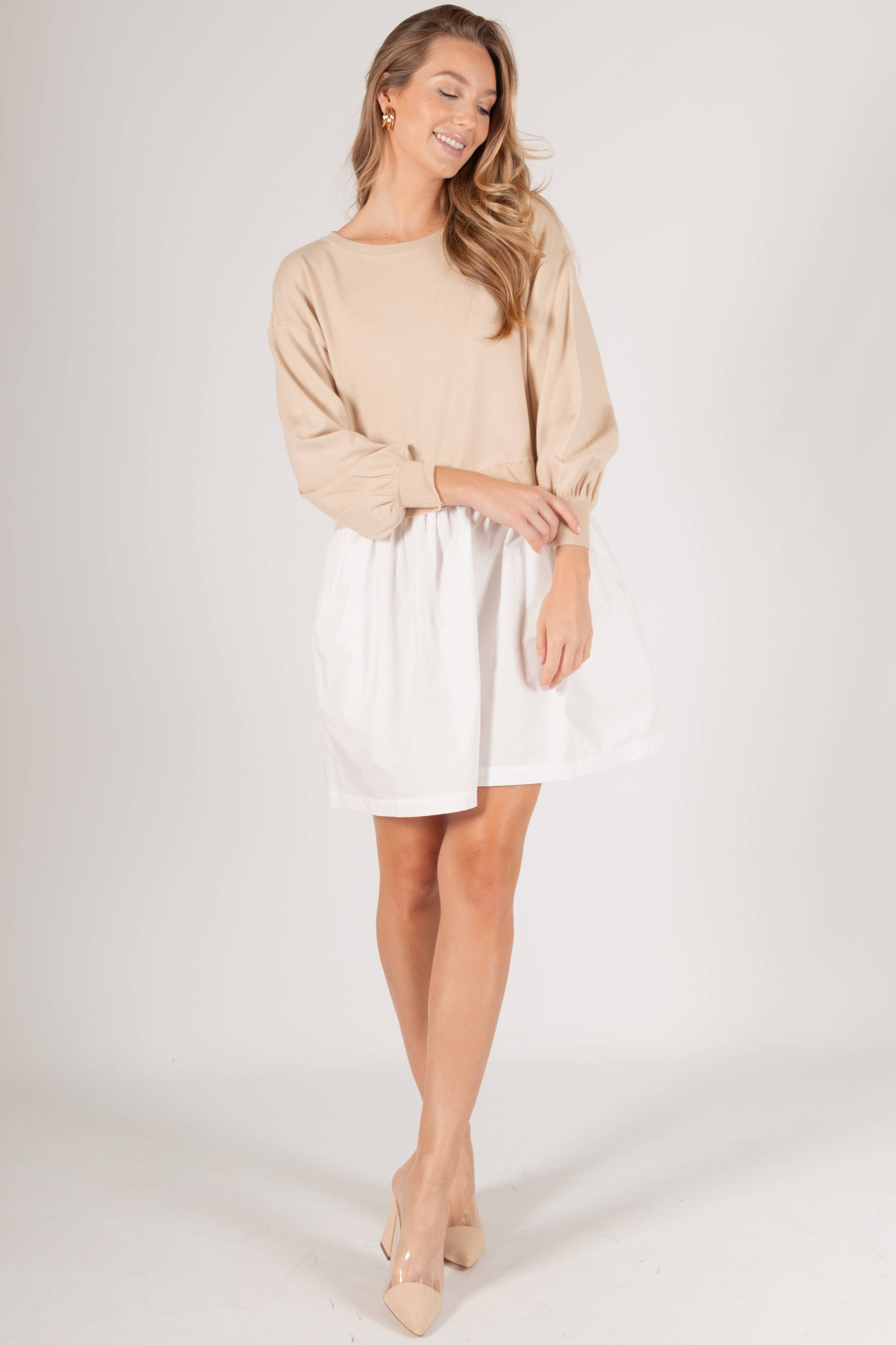 ELLA SWEATSHIRT POPLIN DRESS / BEIGE