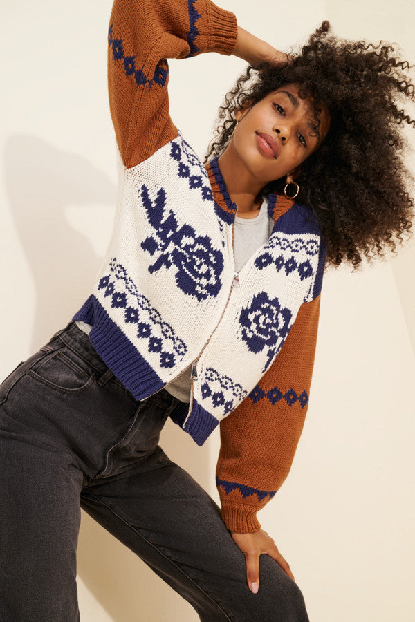 SWEET ROSE JACQUARD ZIP SWEATER