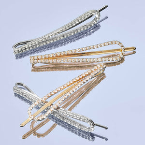 METAL RHINESTONE DROP BOBBY PINS 4pc Set - Gold/Silver