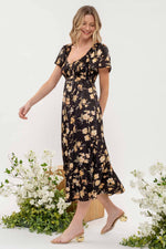 Load image into Gallery viewer, SMOCKED FLORAL PRINT SHORT SLEEVE MIDI DRESS
