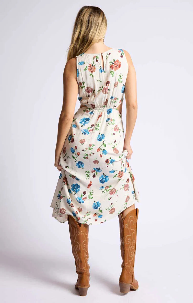 PRESSED FLOWERS SIDE CUTOUT MIDI DRESS
