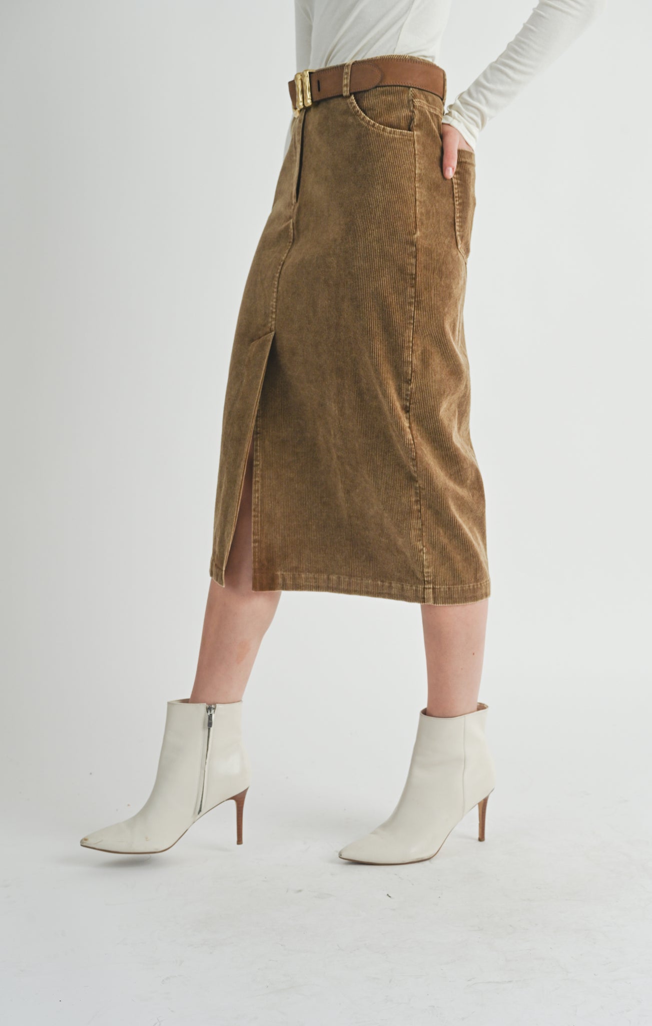 KAHLO WASHED CORD MIDI SKIRT / BROWN