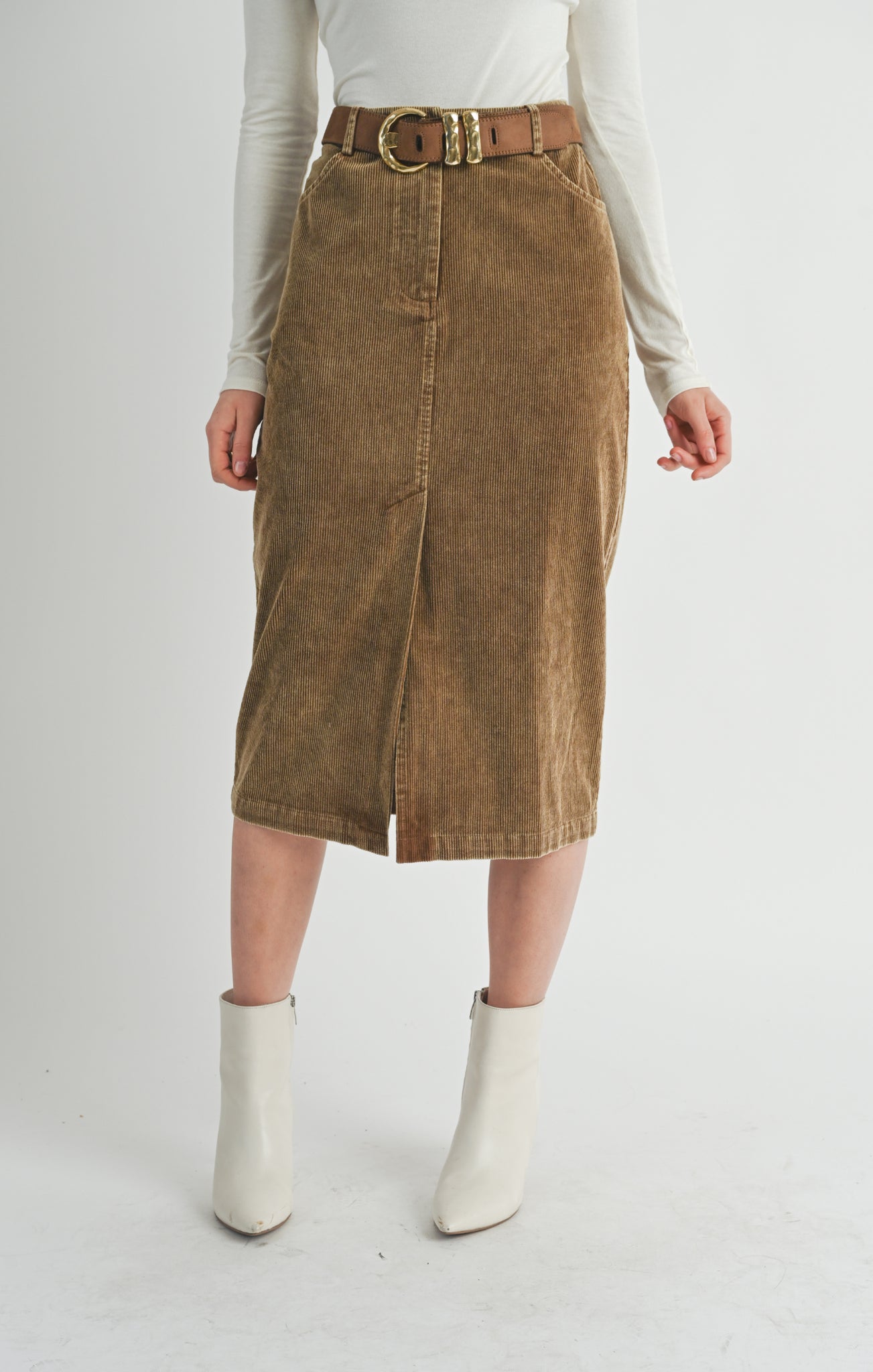 KAHLO WASHED CORD MIDI SKIRT / BROWN