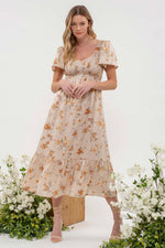 Load image into Gallery viewer, SMOCKED FLORAL PRINT SHORT SLEEVE MIDI DRESS
