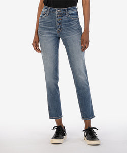 RACHAEL HIGH RISE FAB AB ANKLE MOM JEAN REG HEM / FIRE