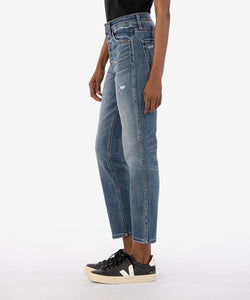 RACHAEL HIGH RISE FAB AB ANKLE MOM JEAN REG HEM / FIRE