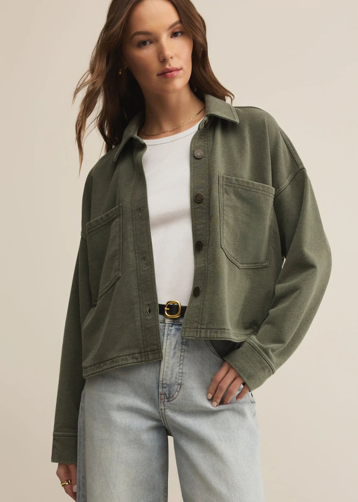 ALL DAY CROPPED KNIT DENIM JACKET / HUNTER GREEN