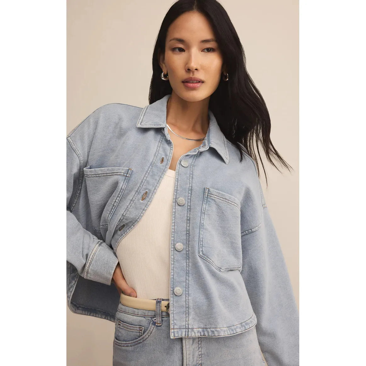 ALL DAY CROPPED KNIT DENIM JACKET / WASHED INDIGO