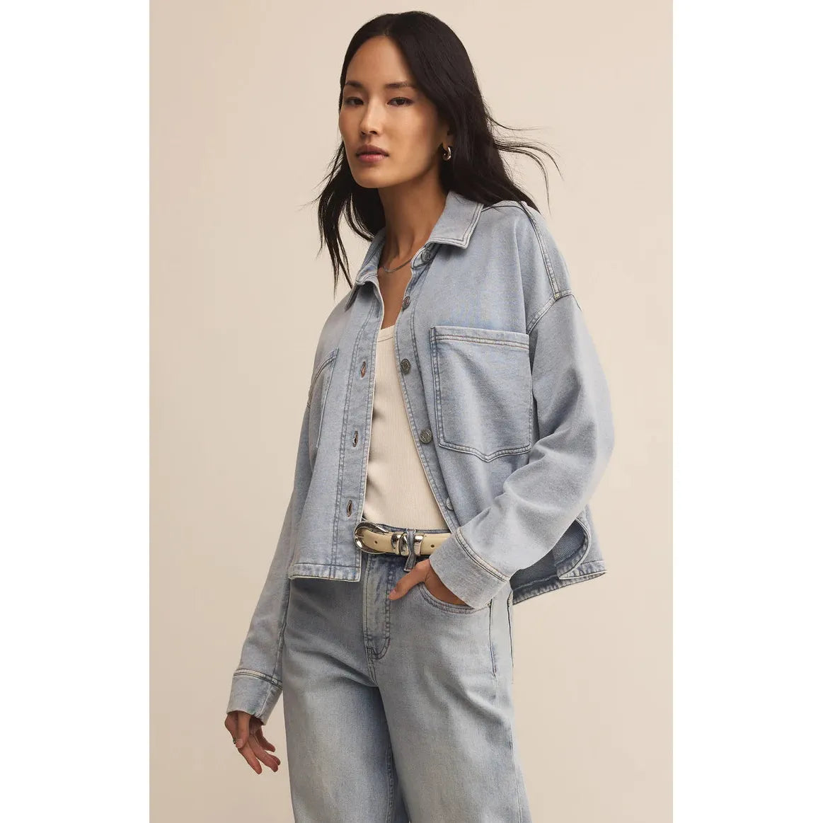 ALL DAY CROPPED KNIT DENIM JACKET / WASHED INDIGO