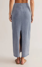 Load image into Gallery viewer, GAIL JERSEY DENIM MIDI SKIRT / MEDIUM INIGO
