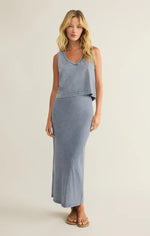 Load image into Gallery viewer, GAIL JERSEY DENIM MIDI SKIRT / MEDIUM INIGO
