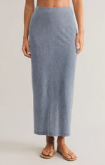 Load image into Gallery viewer, GAIL JERSEY DENIM MIDI SKIRT / MEDIUM INIGO
