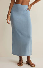 Load image into Gallery viewer, GAIL JERSEY DENIM MIDI SKIRT / OCEAN AIR INDIGO
