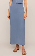 Load image into Gallery viewer, GAIL JERSEY DENIM MIDI SKIRT / SANTORINI INDIGO
