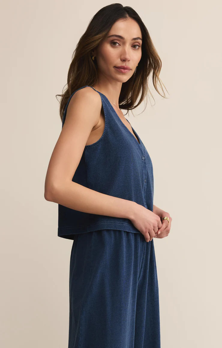 SOLACE V-NECK JERSEY DENIM TANK / INDIGO