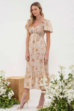 Load image into Gallery viewer, SMOCKED FLORAL PRINT SHORT SLEEVE MIDI DRESS
