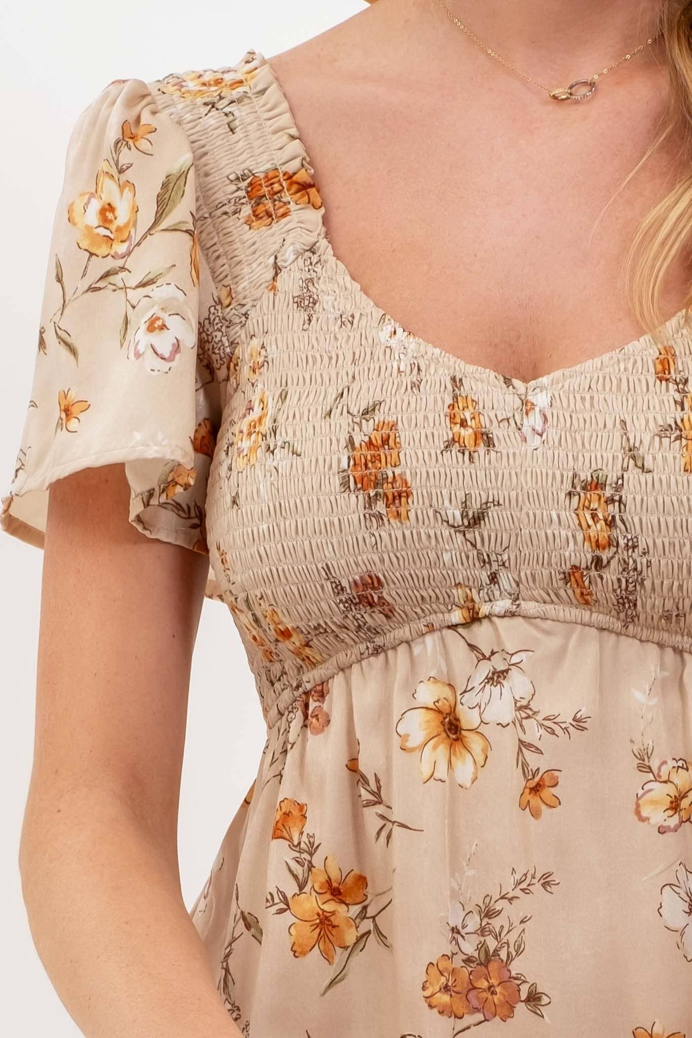 SMOCKED FLORAL PRINT SHORT SLEEVE MIDI DRESS