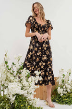 Load image into Gallery viewer, SMOCKED FLORAL PRINT SHORT SLEEVE MIDI DRESS
