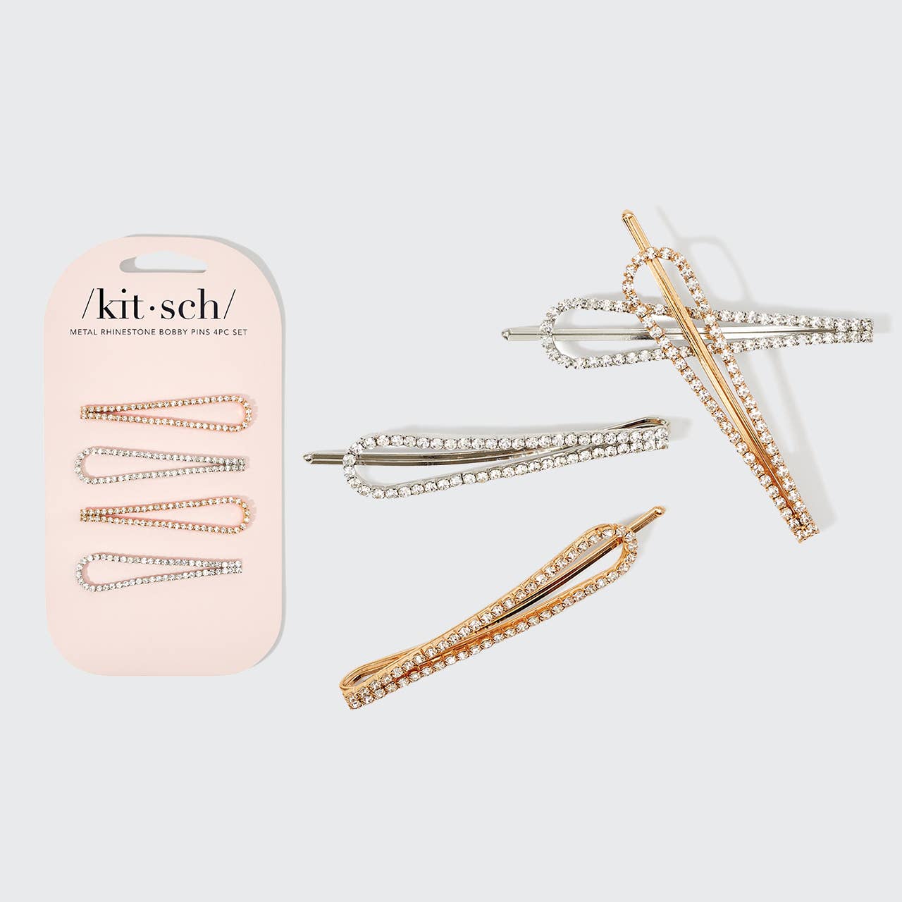 METAL RHINESTONE DROP BOBBY PINS 4pc Set - Gold/Silver