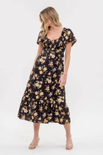 Load image into Gallery viewer, SMOCKED FLORAL PRINT SHORT SLEEVE MIDI DRESS
