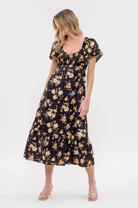 SMOCKED FLORAL PRINT SHORT SLEEVE MIDI DRESS