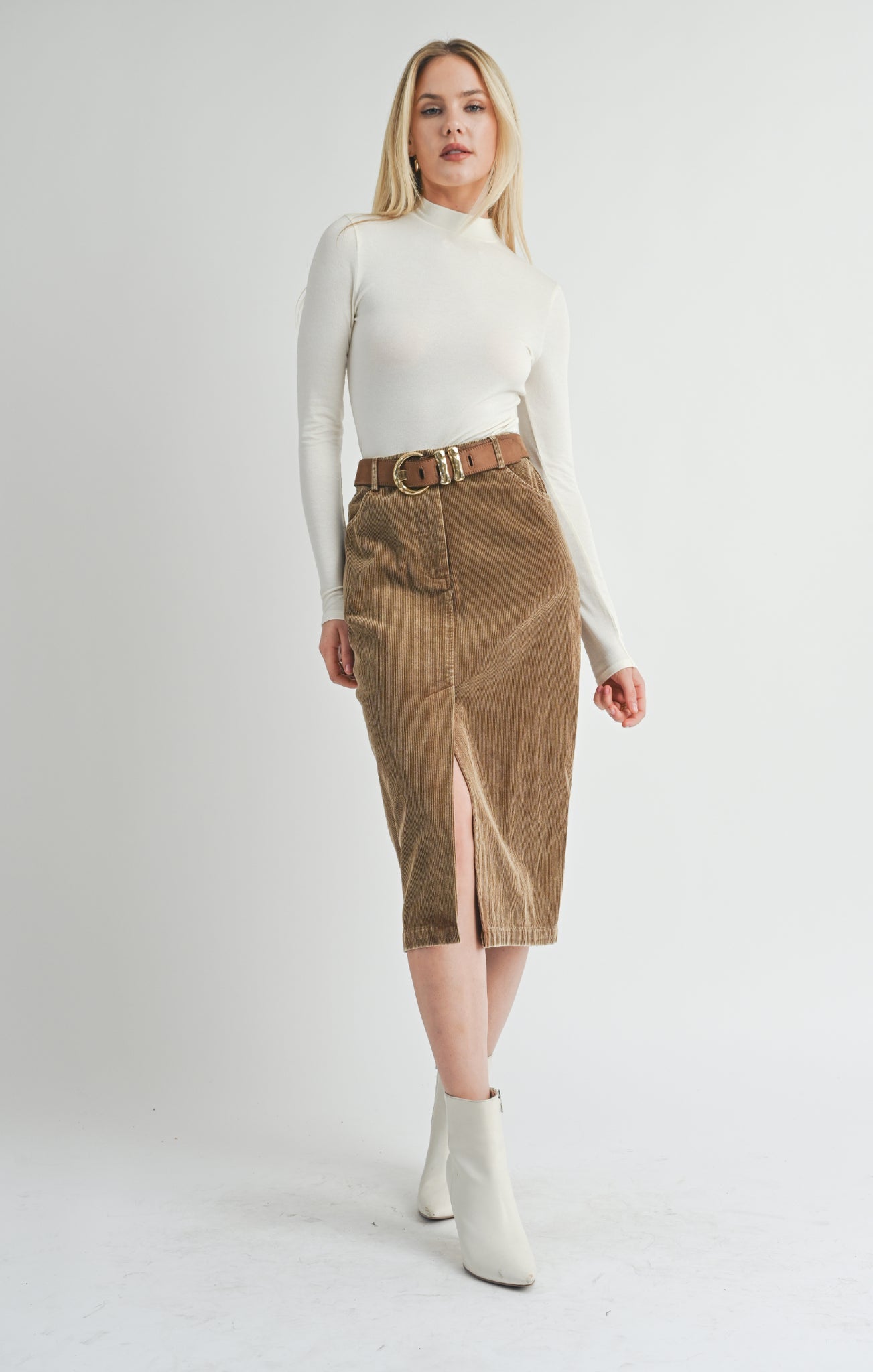 KAHLO WASHED CORD MIDI SKIRT / BROWN