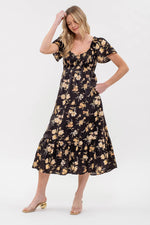 Load image into Gallery viewer, SMOCKED FLORAL PRINT SHORT SLEEVE MIDI DRESS
